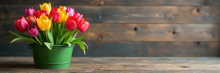 Fototapeta premium Colorful tulip basket centerpiece, rustic wood background , closeup, home decor, easter
