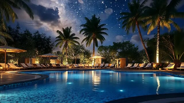 Serene nighttime pool scene surrounded by palm trees under a starry sky, perfect for relaxation