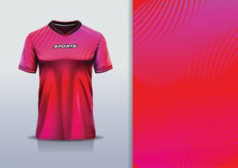 T-shirt mockup abstract curve wave line flash jersey design for football, soccer, racing, esports, running, in red pink color