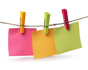 Three colorful sticky notes hanging on string with clothespins