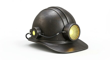 Obraz premium Dark Gray Metal Miner's Helmet With Gold Headlamp On White Background