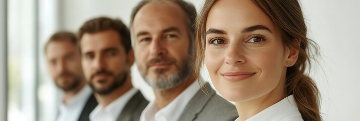 Obraz premium Group of four business people standing in a row indoors smiling.