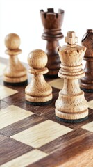 Close-up of wooden chess pieces on a chessboard with a blurred background, showcasing strategy