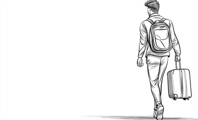 Obraz premium A stylish traveler walks away, carrying a suitcase and wearing a backpack, embodying the spirit of adventure and exploration.