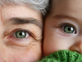 Close up of eyes and smile of grandparent and child, showcasing love and connection in warm embrace