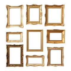 A collection of gold framed pictures with a white background