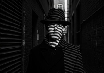 A stylish man in a fedora is captured in a black and white photo with dramatic lighting in an alley.