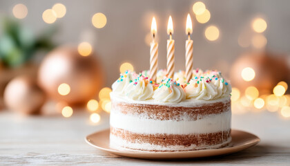 beautiful birthday cake with candles and colorful sprinkles, radiating joy and celebration. soft lighting creates warm atmosphere