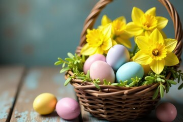 Pastel eggs nestled amongst blooming daffodils in a rustic basket , nature, macro