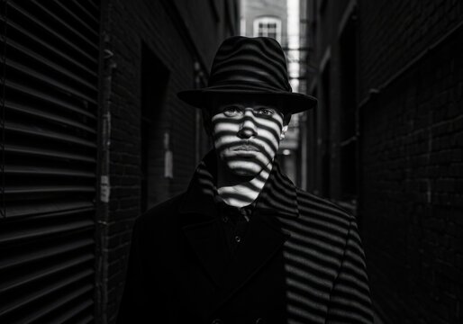 Fototapeta A stylish man in a fedora is captured in a black and white photo with dramatic lighting in an alley.