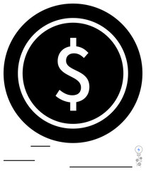 Dollar sign inside black circle resembling a coin. Ideal for finance, economy, money management, transactions, savings, investment, wealth. Flat simple metaphor