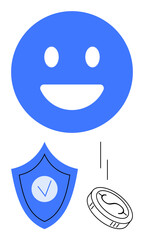 happy face representing joy, shield with checkmark for security, and coin symbolizing finances. Ideal for happiness, trust, economy, safety, customer satisfaction, assurance simple landing page