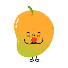 A smiling Mango holding a red heart, conveying feelings of affection and cuteness in a vibrant cartoon illustration.