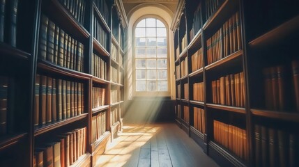 Fototapeta premium Sunlit library; rows of aged books; arched window.