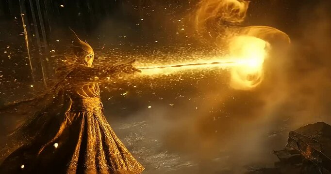 A mystical figure casting a fiery spell in a dark, enchanted forest