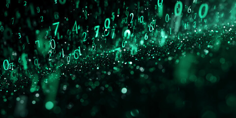 Abstract background with teal numbers and bokeh lights, suggesting digital data flow or a futuristic technology concept