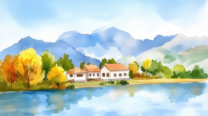 Fototapeta premium Autumn hues reflect in lake framing cozy lakeside homes against misty mountains
