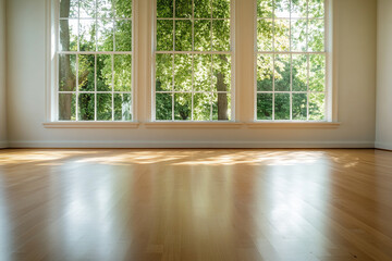 Peaceful yoga practice in a minimalist studio, sunlight streaming through large windows, wooden floor, gentle posture held with intention, calm and mindful mood