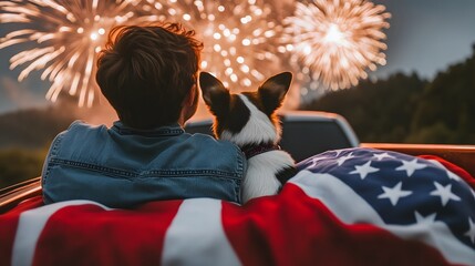 Boy and dog watching fireworks in truck bed draped with flag, celebrating. Patriotic holiday scene, shared moment of joy and celebration.