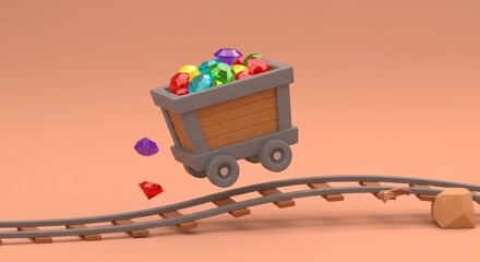 Low Poly 3D Render Of A Mine Cart With Colorful Gems On An Orange Background Low Poly