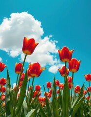 Fototapeta premium Vibrant tulips bloom under a brilliant blue sky dotted with fluffy clouds, flora, beautiful