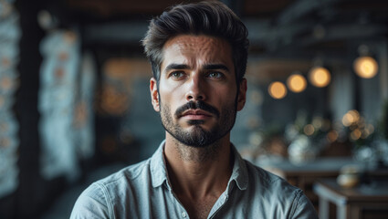 Obraz premium Thoughtful Handsome Man Portrait With Beard And Modern Hairstyle Indoor Ambience
