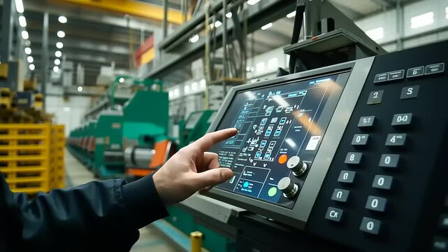 Operator adjusting machinery controls in a modern factory with equipment and production line visible