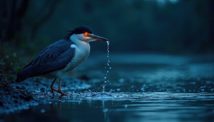 Fototapeta premium Black-Crowned Night Heron Hunting in Urban Wetlands with Red Eyes and Illuminated Plumage Under Moonlight