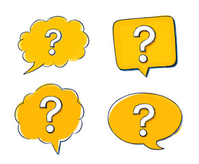 Yellow speech bubbles with question marks, hand-drawn style