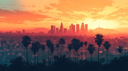 Flat minimalist aerial view of Los Angeles, layered buildings in light silhouette, Hollywood hills in background, abstract palm trees, desert tones and soft pastels for sky, geometric layout,