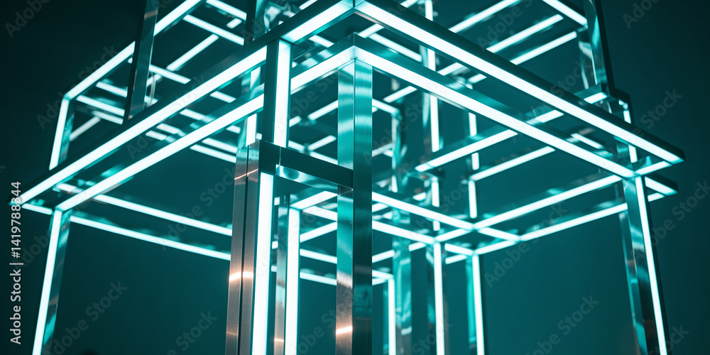 Aufkleber geometric metal structure with turquoise neon lights, creating a modern and abstract design, suitabl
