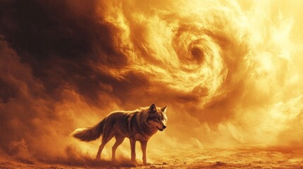 Wolf in Fiery Desert Sunset with Swirling Clouds
