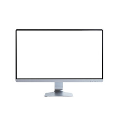 A computer monitor is turned off and has a white background