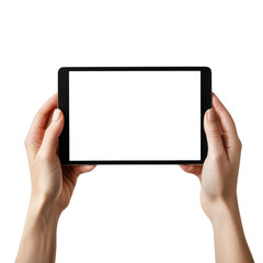 A person is holding a tablet with a white screen