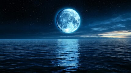 Full Moon over Calm Ocean at Night