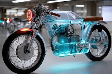 Obraz premium A visually stunning transparent motorcycle that showcases cutting-edge technology and design elements, merging artistry with mechanical innovation in a captivating display.