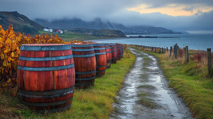 Obraz premium A collection of aged barrels sits along the coastline, adding rustic character
