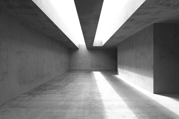 Minimalist architectural interior with concrete walls and striking light play for modern design. 3d render.