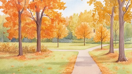 Autumn Paths Watercolor park with falling leaves  golden trees