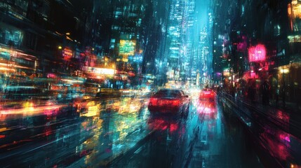 City street at night, vibrant lights, motion blur