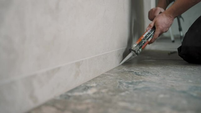 Slow motion tile installation by man sealing edges with caulk in a modern home setting