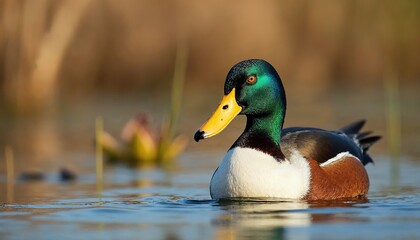Fototapeta premium Northern Shoveler Duck Macro in Marshland with Oversized Bill and Metallic Green Head