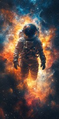 Fototapeta premium Astronaut floating in space surrounded by colorful nebula clouds and cosmic dust.
