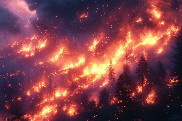 Fototapeta premium Intense Wildfire Engulfs Forest Hills at Night, Creating a Fiery Inferno with a Smoky, Dramatic Sky