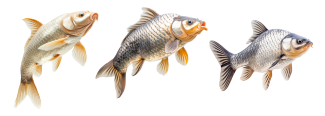 Set of common carp fish with detailed scales and fins, isolated on white transparent background, concept of aquatic life