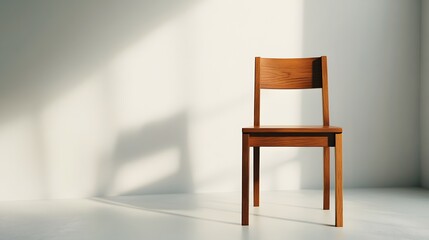 Minimalist wooden chair positioned in a sunlit room with soft shadows and a serene atmosphere