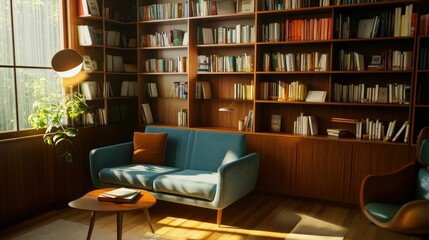 Sunlit room, teal couch, wooden bookcase, many books.