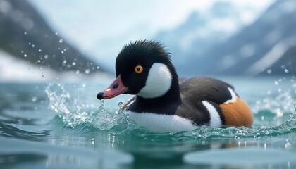 Fototapeta premium Hyper-detailed closeup of a male Common Goldeneye diving in an alpine lake, emerald head glistening, vivid yellow eyes and bold white cheek patch framed by frozen water spray and mountain reflections 