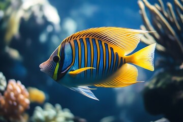 Naklejka premium Vibrant Tropical Fish with Blue and Yellow Stripes Swimming in Underwater Environment
