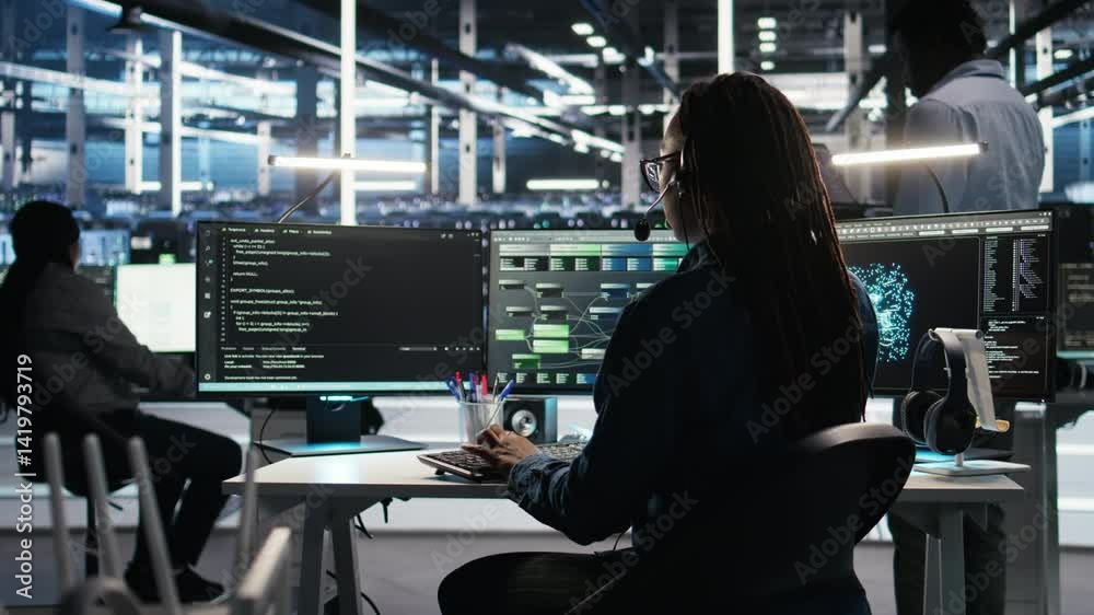 Poster data center expert examines node tree interface, delivering technical support. server room technicia
